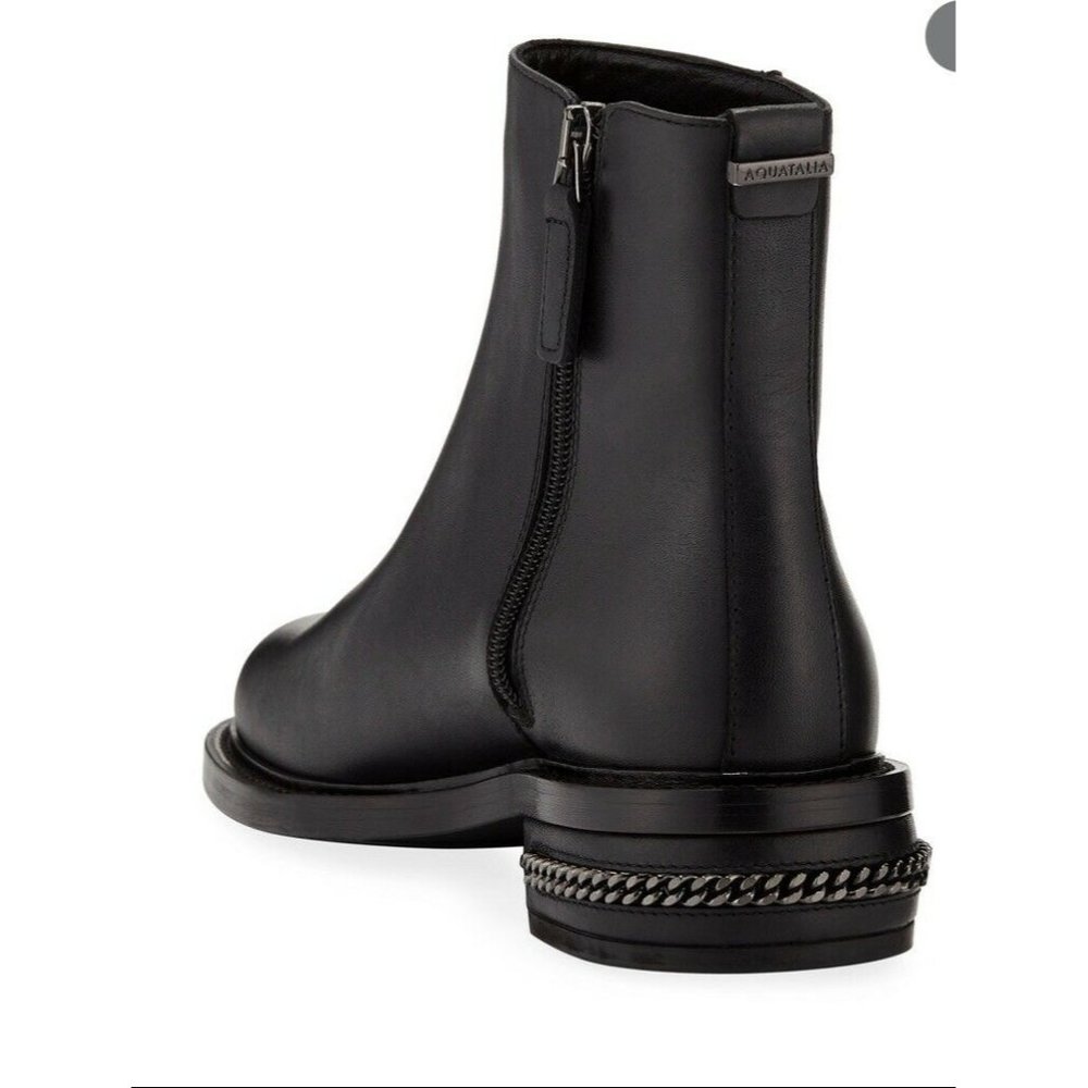 Aquatalia Addison Black Leather Womens Ankle Boots Heel Chain Sz 9.5 Italy Made